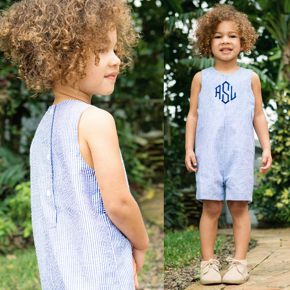 Monogrammed Kids Jon Jon | Navy Seersucker