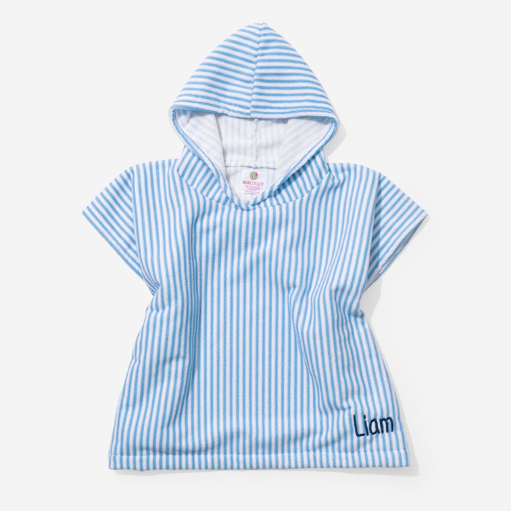 Monogrammed Toddler Hooded Towel Poncho | Blue Stripes