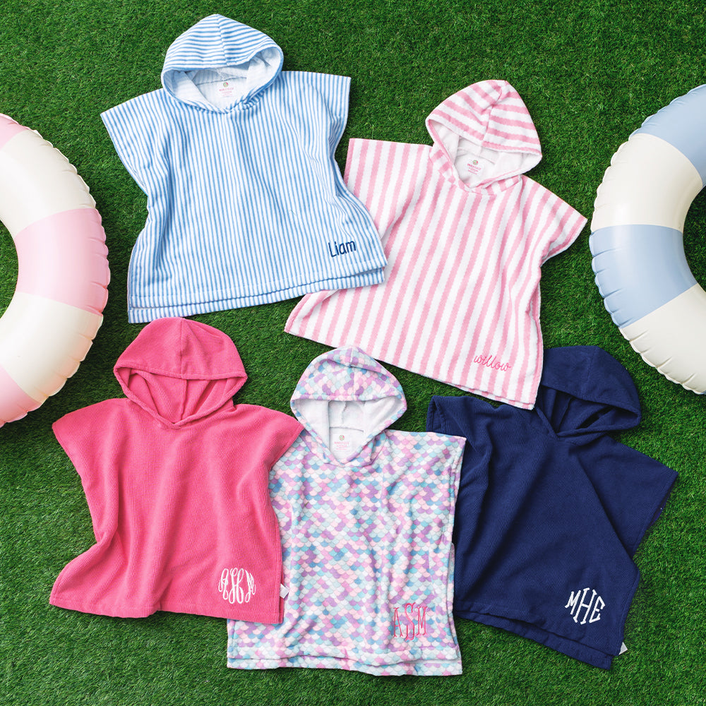 Monogrammed Toddler Hooded Towel Poncho | Blue Stripes