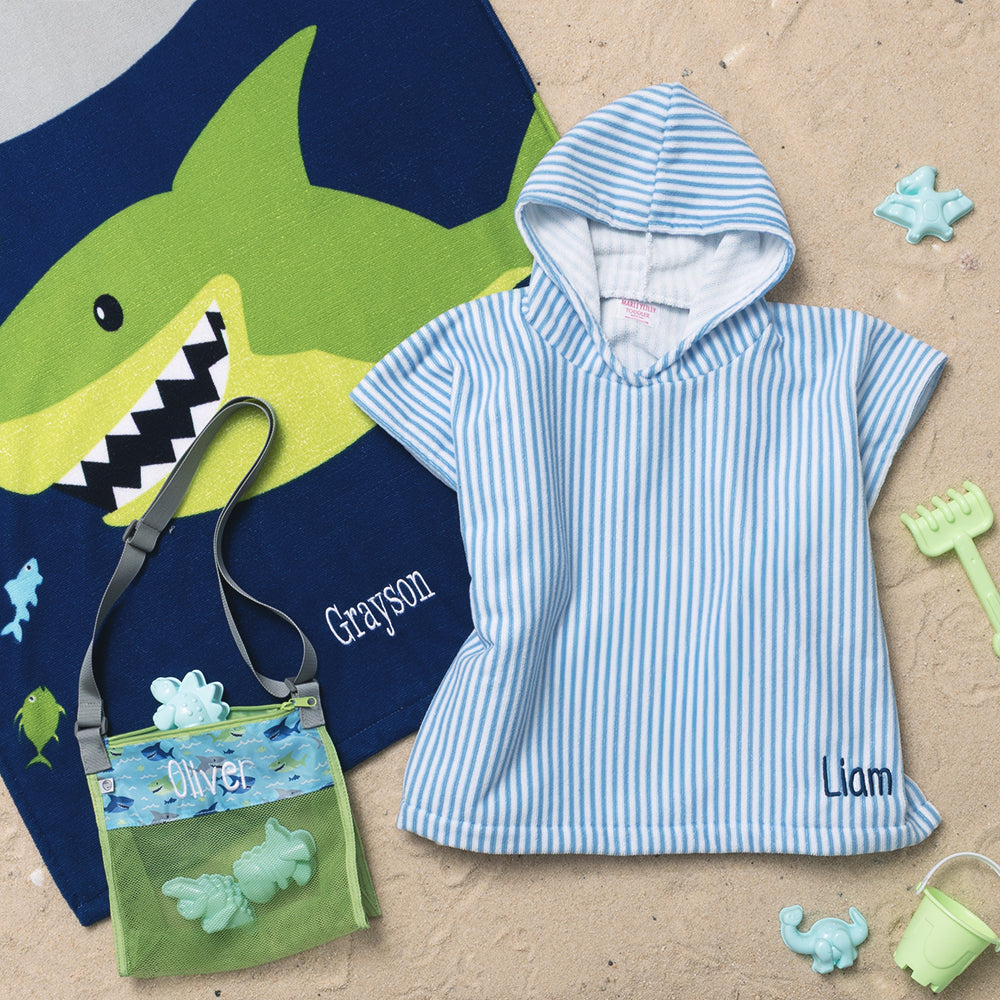 Monogrammed Toddler Hooded Towel Poncho | Blue Stripes