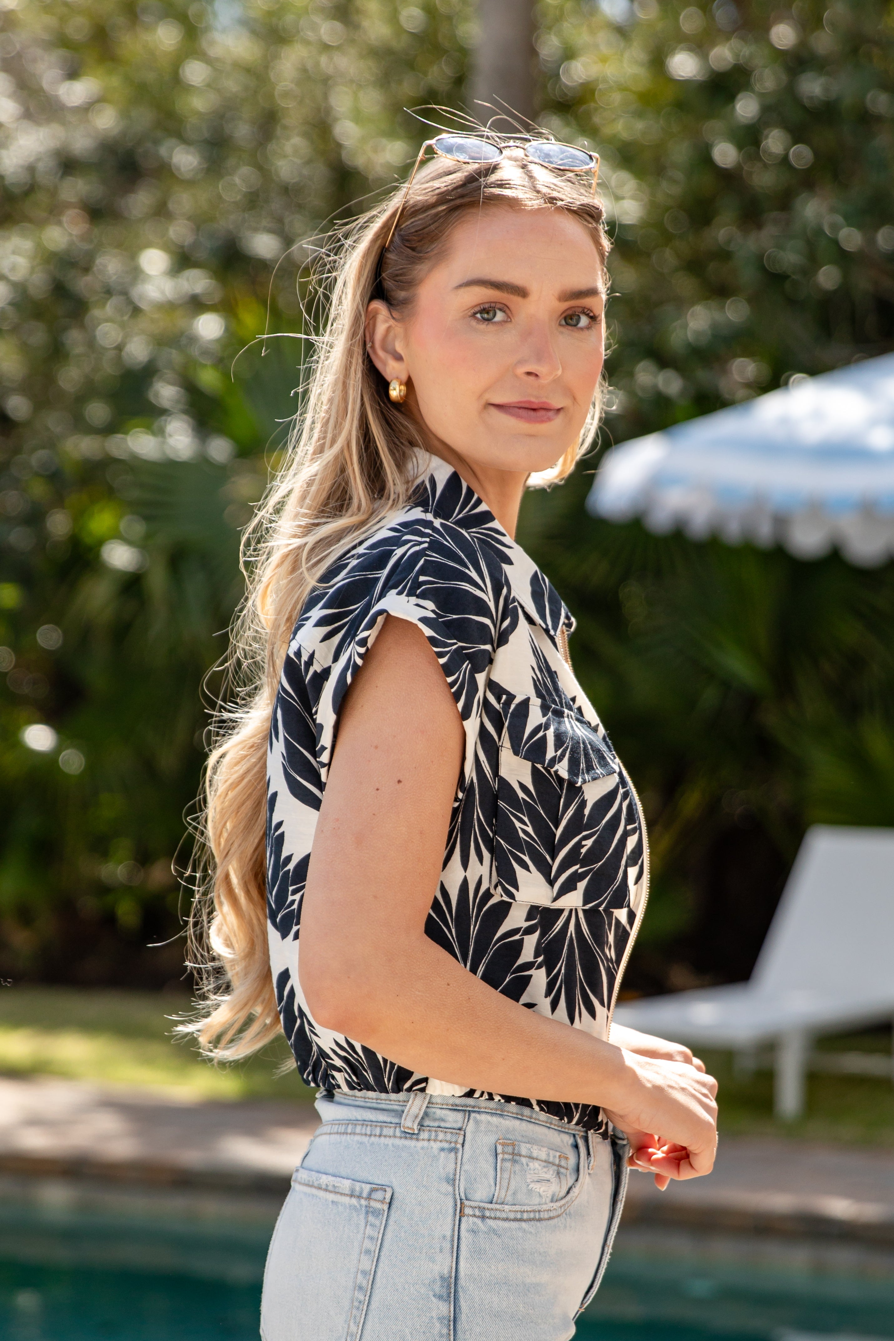 Palm Paradise Navy Tropical Print Zip-Up Blouse