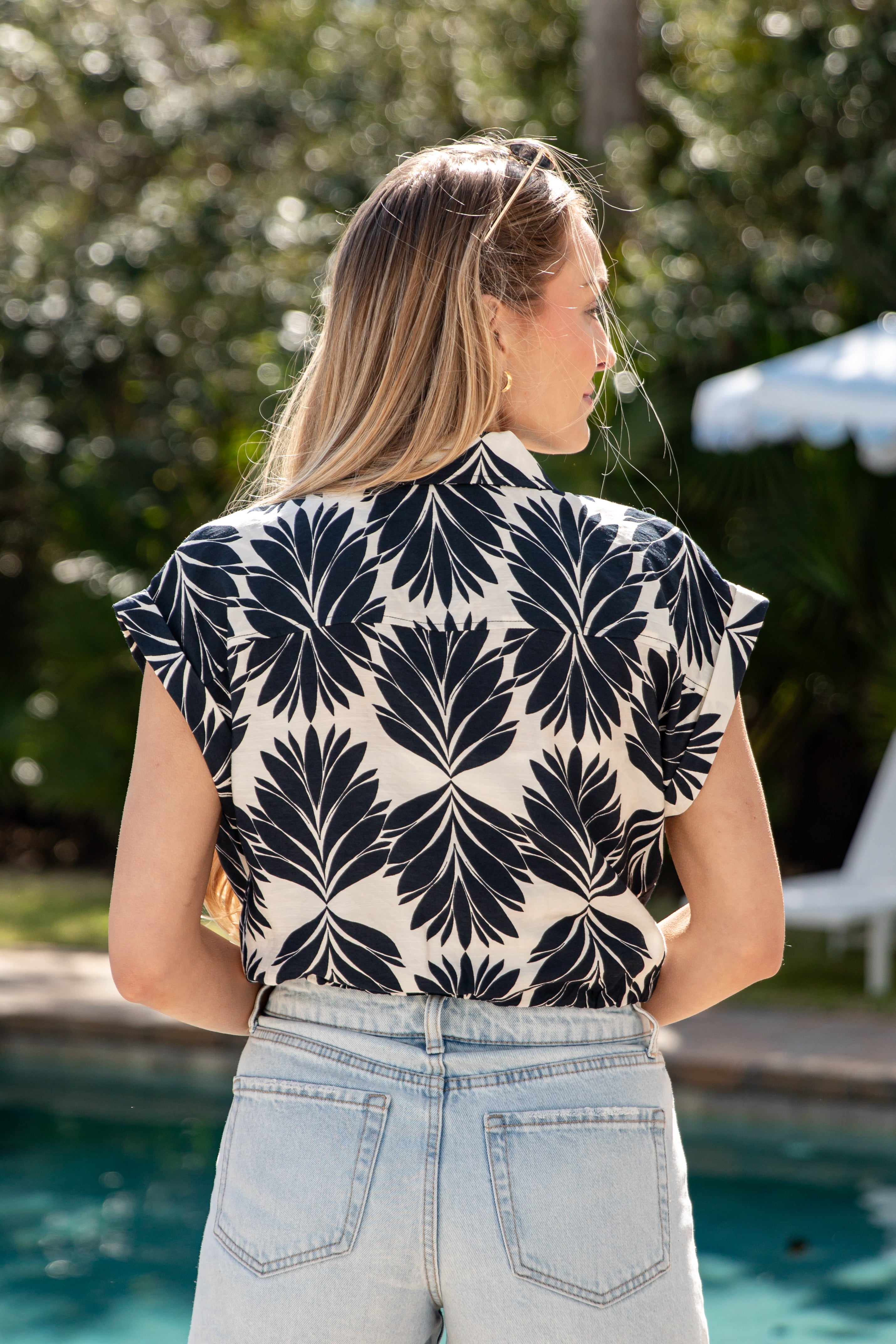 Palm Paradise Navy Tropical Print Zip-Up Blouse